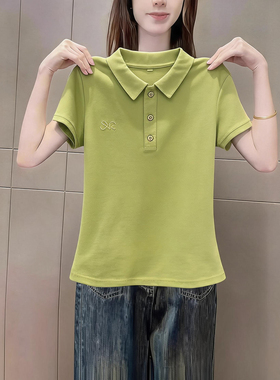 2026夏季新品简约翻领短袖t恤女装绿色气质减龄百搭通勤休闲上衣