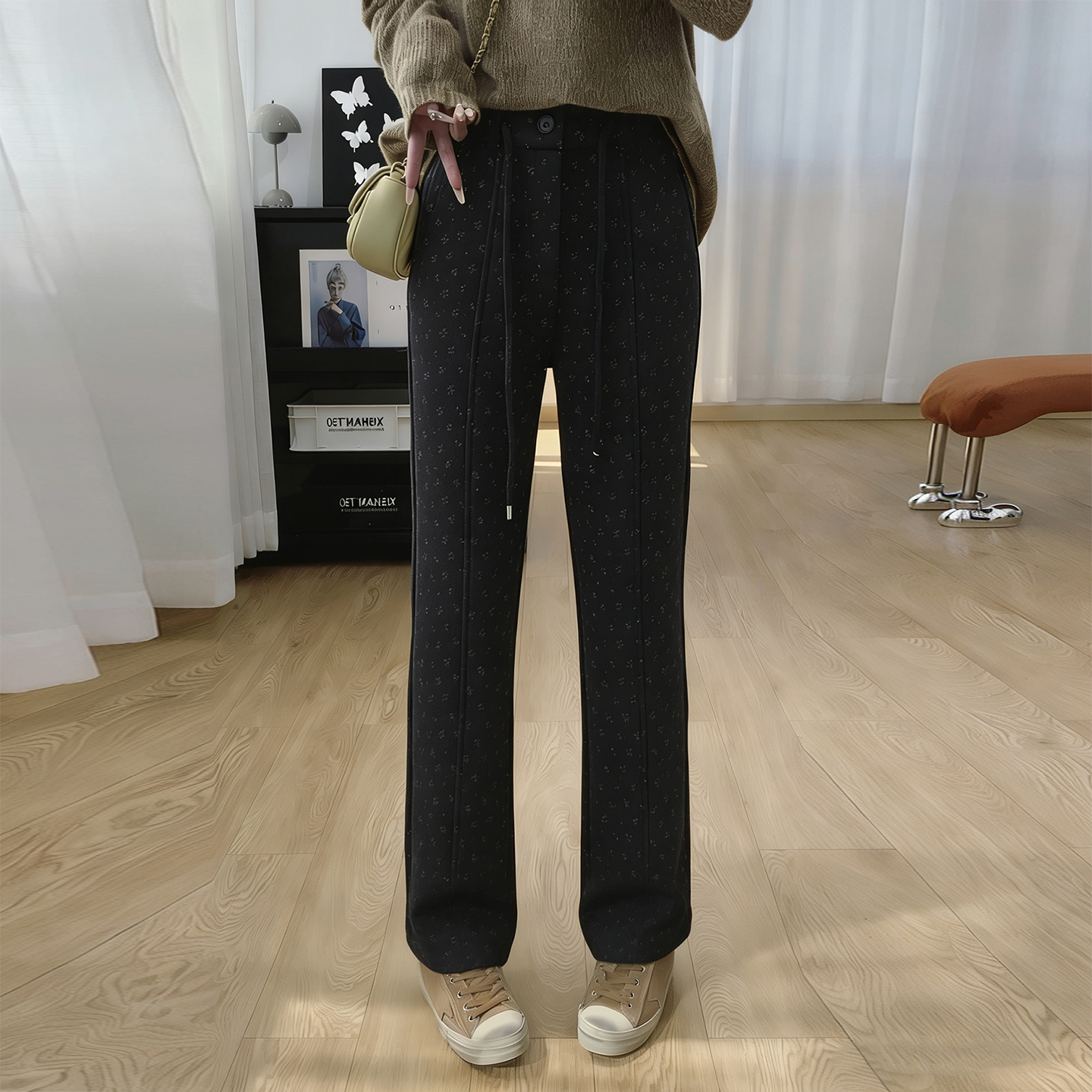 黑色时尚洋气碎花高腰休闲裤女装