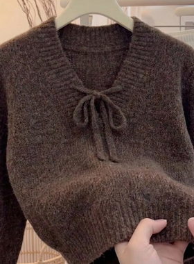 轻奢优雅极简风v领系带毛衣女2025年秋冬季新款软糯百搭休闲上衣