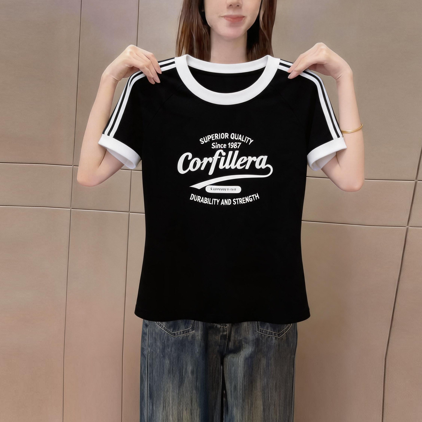 时尚美式拼色三条杠圆领短袖t恤女夏季新款运动风字母印花上衣潮