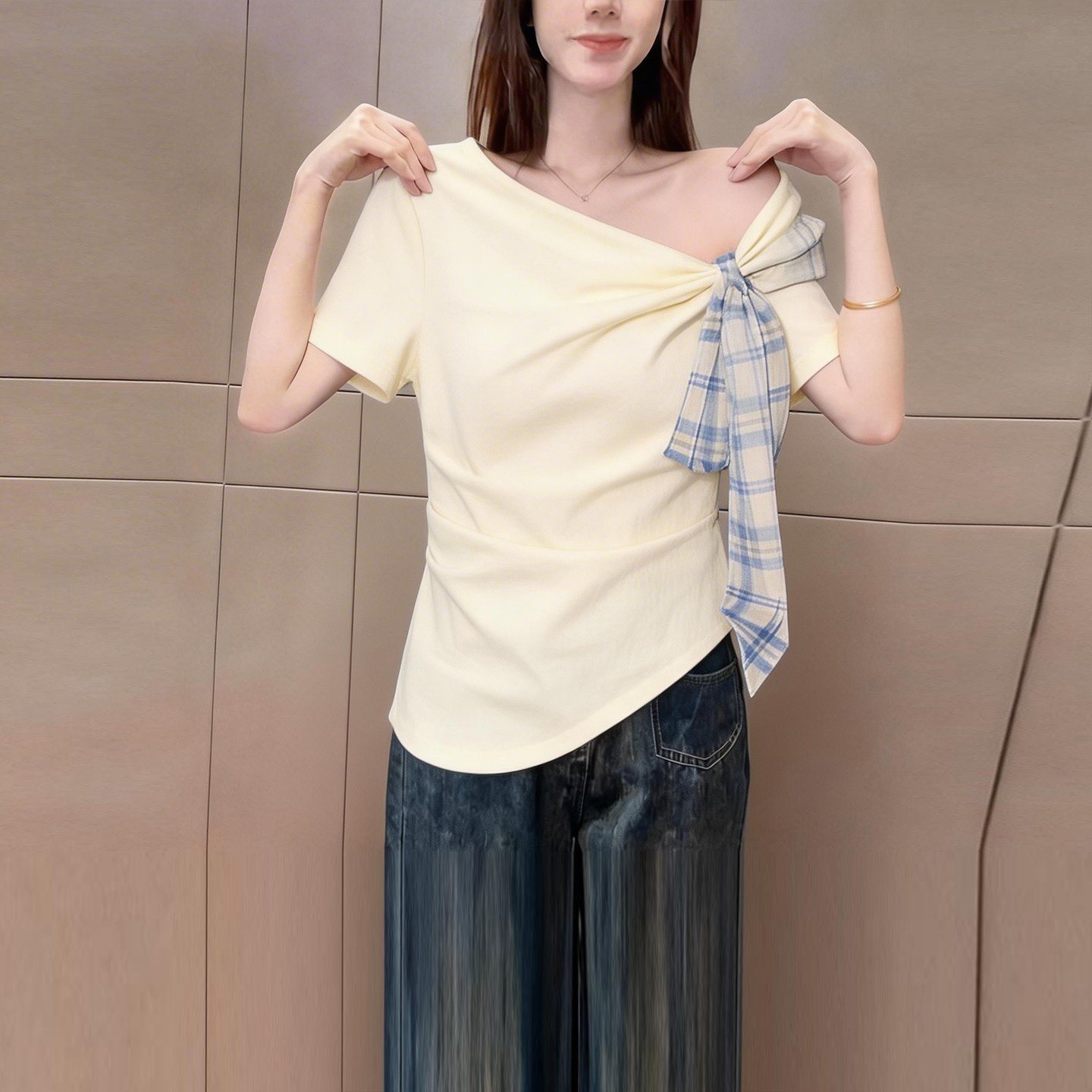 夏季新品时尚设计格子飘带斜领短袖t恤女高级不规则下摆显瘦上衣