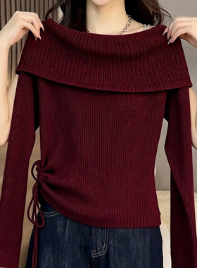 轻熟风一字肩长袖针织衫女秋冬新品复古红色抽绳显瘦气质小衫上衣
