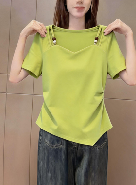 洋气绿色设计感圆领短袖t恤女装夏季新款韩版百搭休闲不规则上衣