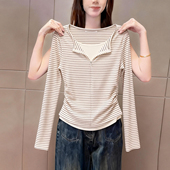 简约风假两件条纹圆领长袖 t恤上衣女韩式 气质捏褶修身 时尚 早春季