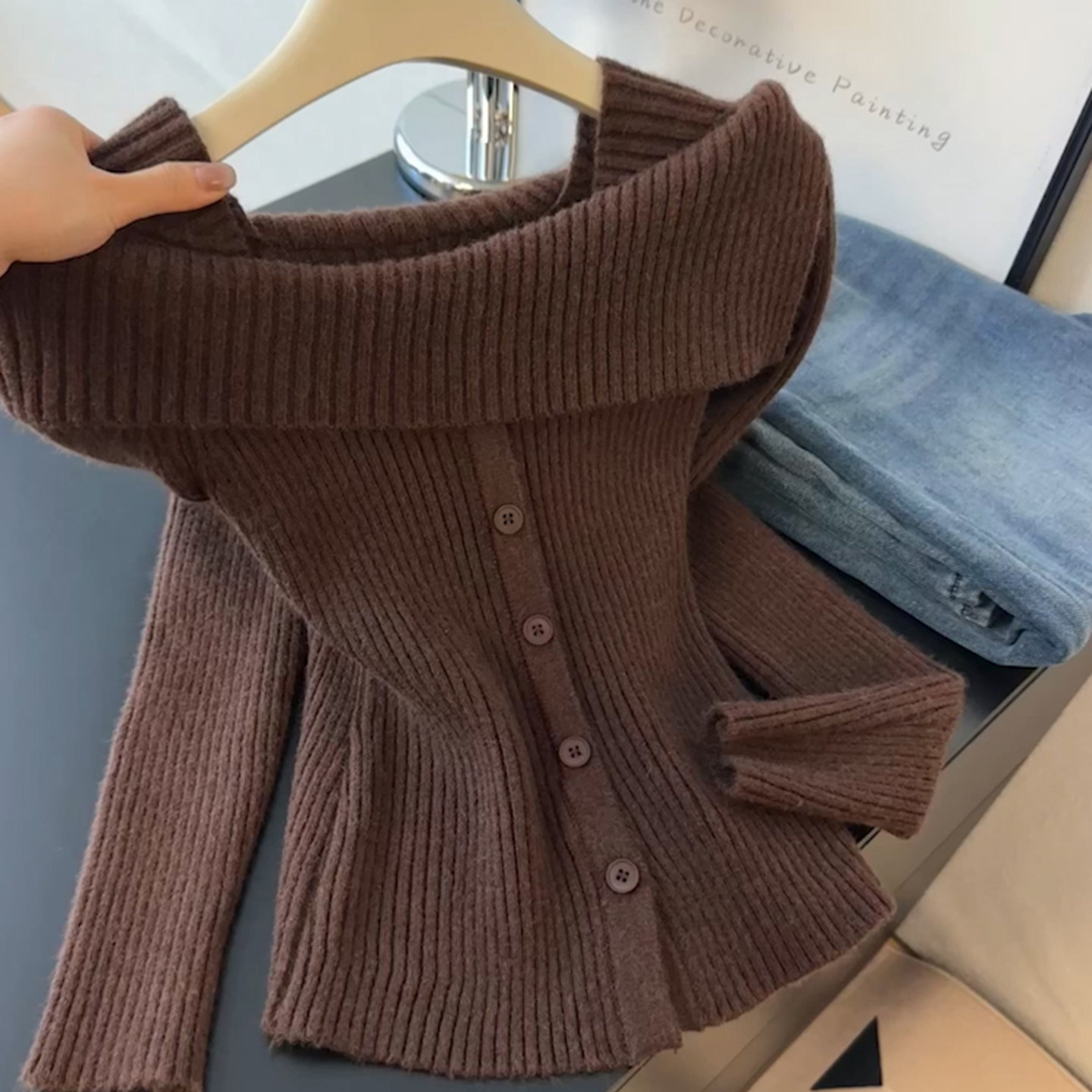 轻熟风韩系一字肩长袖针织衫女装