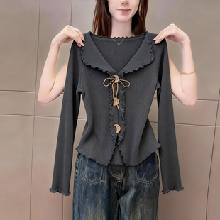 早春季今年新品木耳边v领针织开衫女深灰色高级韩式百搭气质上衣