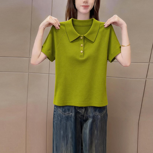 极简风高级绿色Polo领短袖t恤女