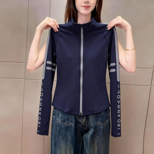 时尚字母印花立领拉链长袖t恤女
