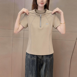 简约运动风立领拉链短袖t恤女2026夏季透气显瘦百搭纯色休闲上衣