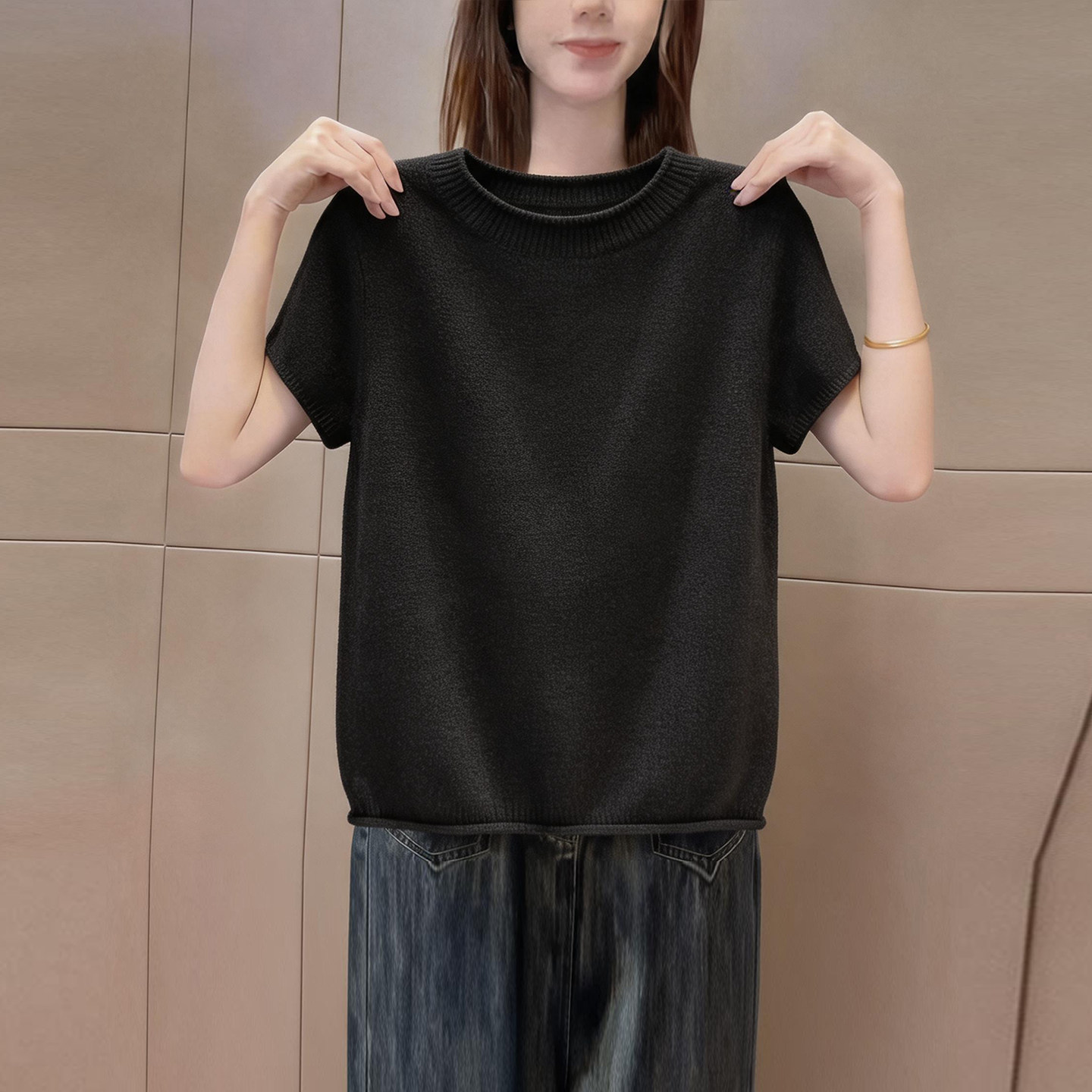 简约纯色休闲圆领短袖针织衫女黑色宽松百搭显瘦休闲基础上衣夏季