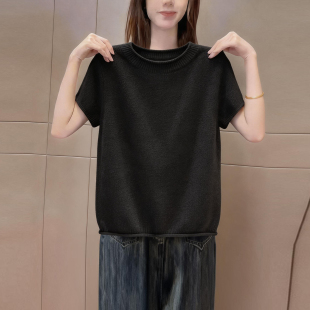 简约纯色休闲圆领短袖针织衫女黑色宽松百搭显瘦休闲基础上衣夏季
