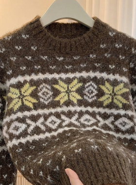 秋冬款费尔岛风提花圆领毛衣女装复古洋气时髦宽松软糯针织衫上衣