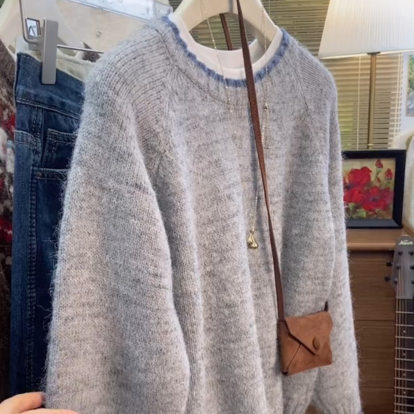 韩版慵懒风灰色圆领毛衣女针织衫