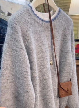 韩版慵懒风灰色圆领毛衣女装2025秋冬季高级感显瘦套头针织衫上衣