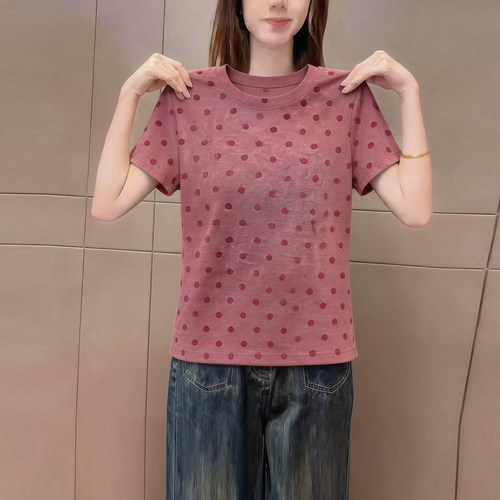 慵懒风时尚波点圆领短袖t恤女装