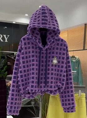 超好看紫色加绒加厚羊羔毛连帽卫衣女冬款宽松毛绒保暖摇粒绒上衣