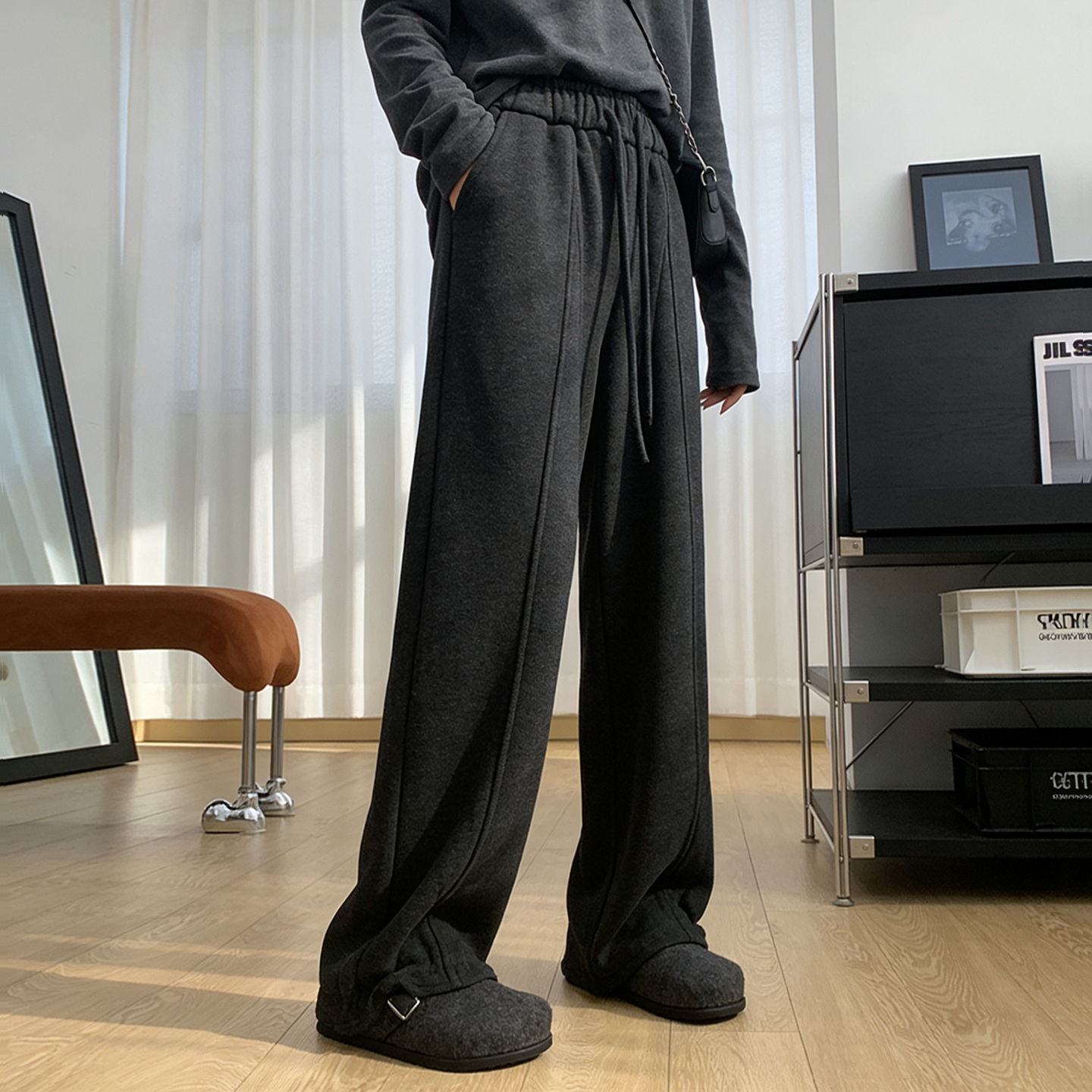 深灰色高腰系带休闲裤子百搭秋冬