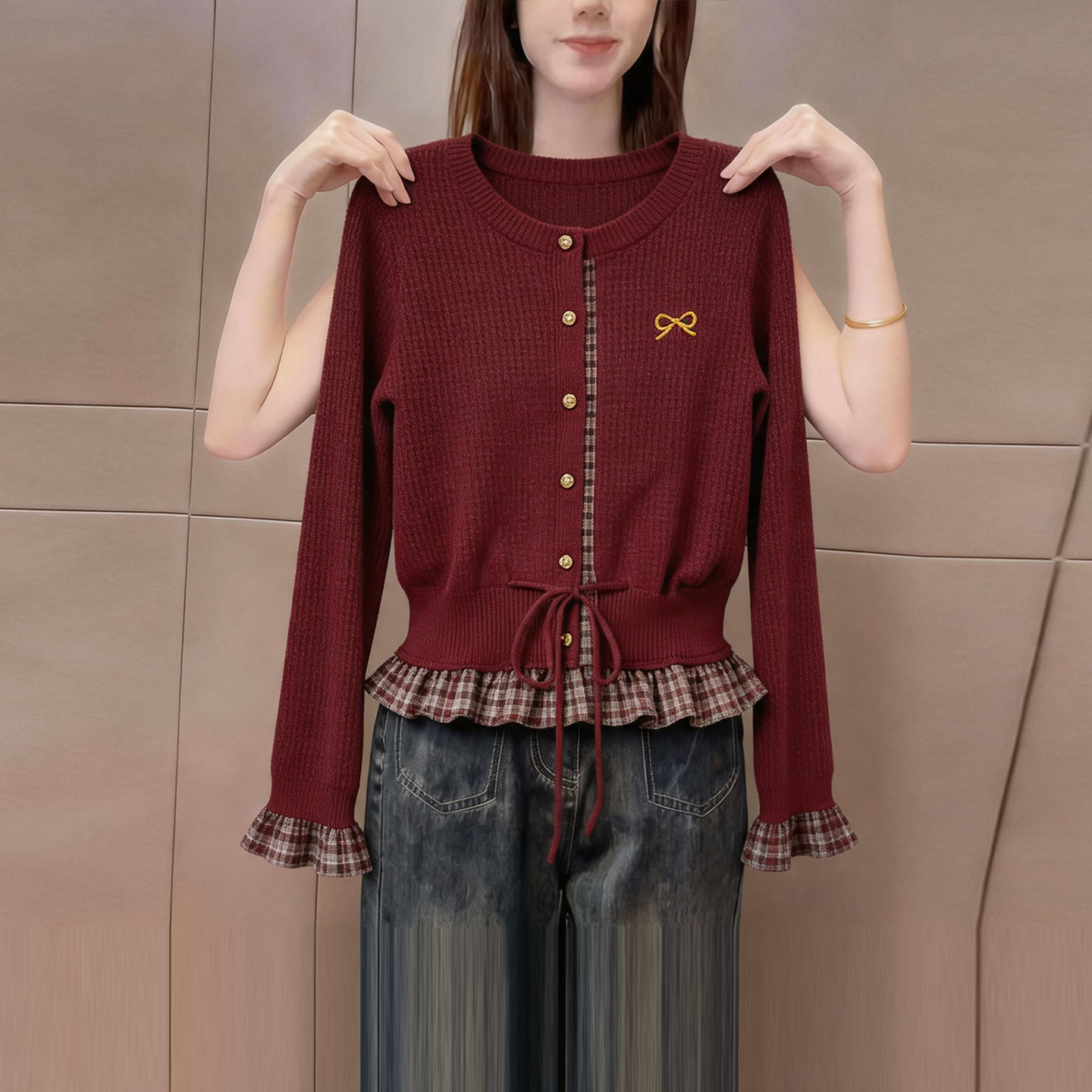2026秋季新款红色假两件针织开衫女格子拼接系带收腰设计感上衣潮