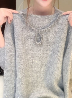高级感轻熟气质镂空圆领长袖针织衫女秋冬季新款显瘦百搭小衫毛衣