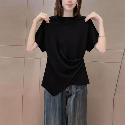 轻熟简约黑色圆领短袖t恤女气质
