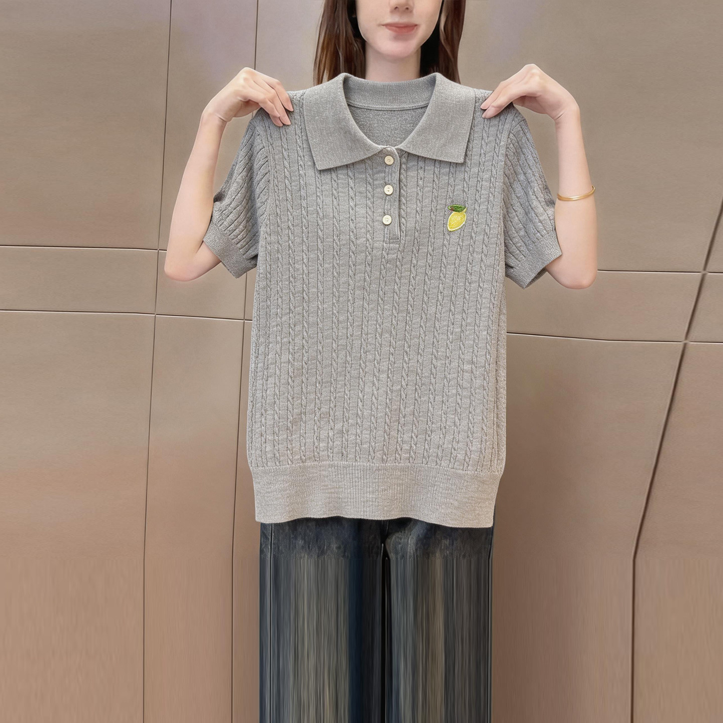 轻奢风polo领短袖针织衫女装夏季新品麻花纹宽松显瘦休闲减龄上衣