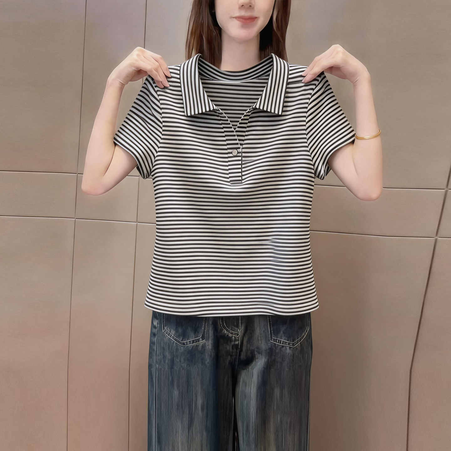 潮流撞色条纹翻领短袖t恤女夏季复古时尚百搭减龄显瘦气质上衣ins