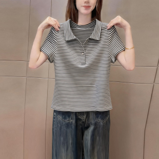 潮流撞色条纹翻领短袖t恤女夏季复古时尚百搭减龄显瘦气质上衣ins