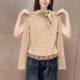 卡其色百搭休闲气质小衫 韩式 春季 新品 高级感立领长袖 t恤上衣女装
