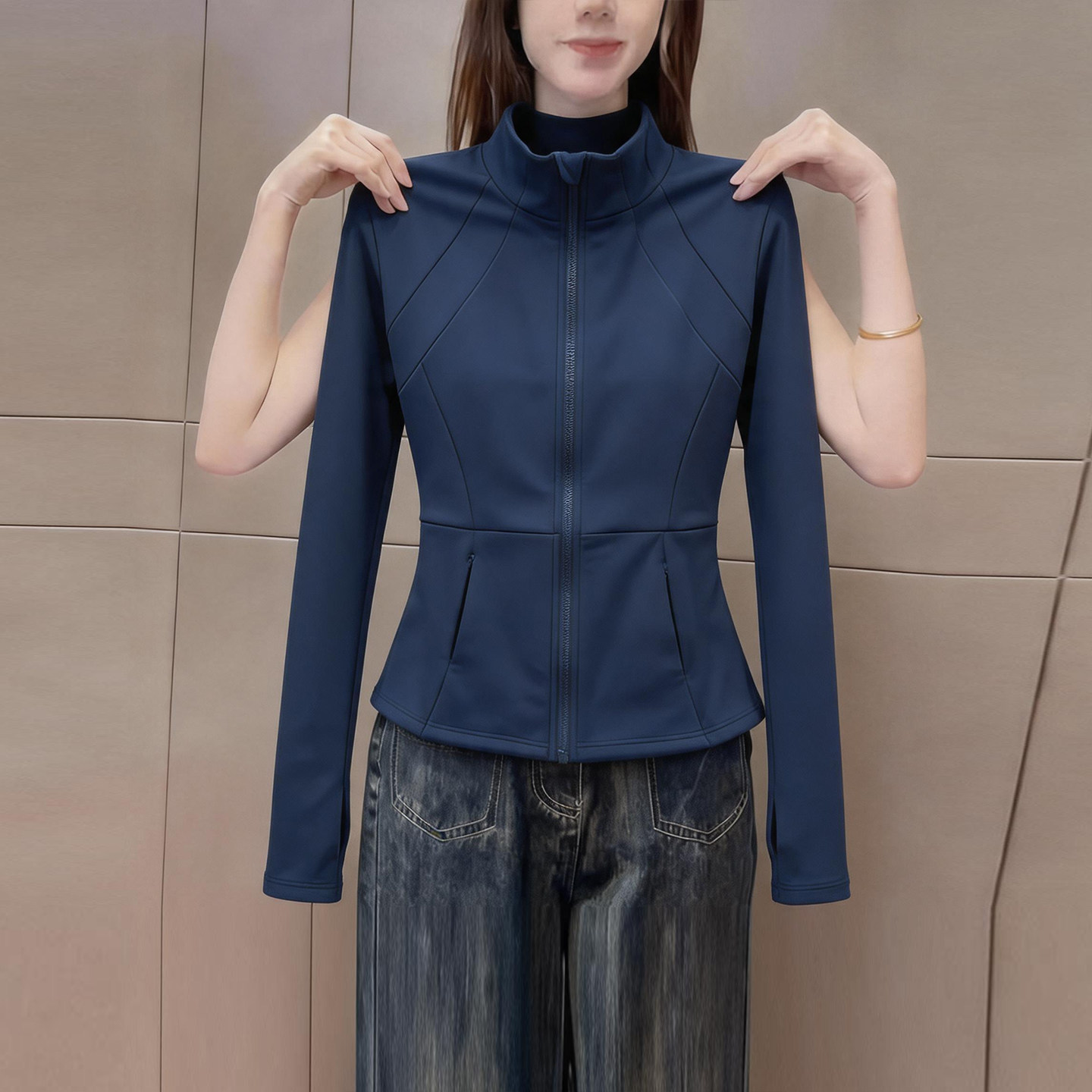 运动风透气拉链立领长袖t恤女装修身显瘦藏蓝色百搭上衣秋季新款