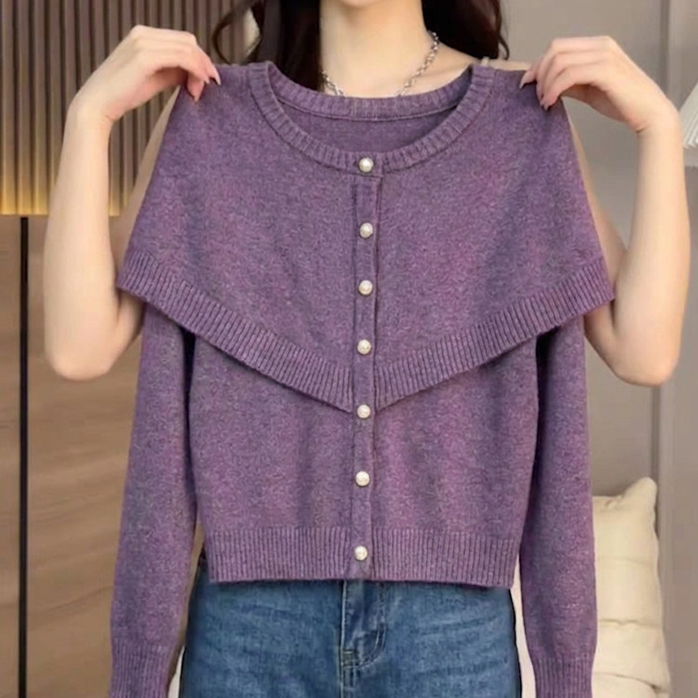 复古披肩斗篷设计优雅紫色针织开衫女秋冬季新款洋气衣毛衣外套潮