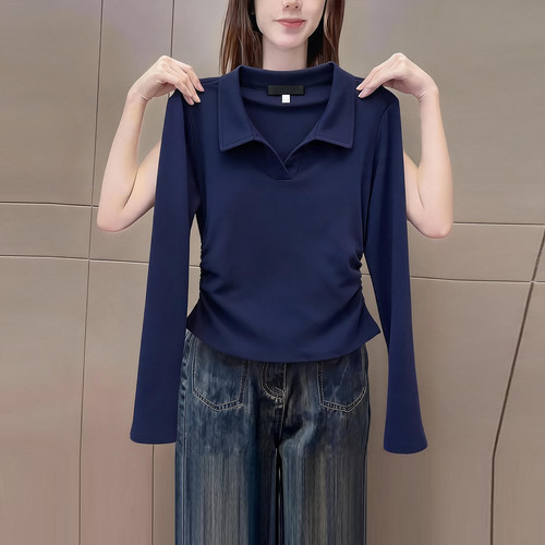 极简风深蓝色Polo领长袖t恤女装