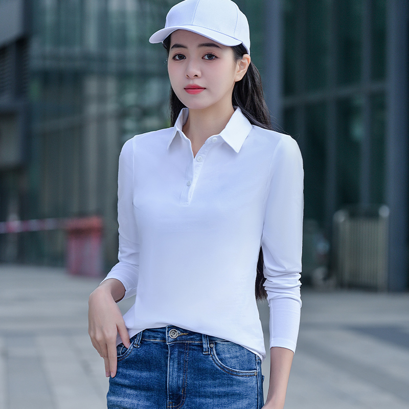 纯棉新款长袖polo衫t桖女宽松翻领品牌logo定制工作服休闲上衣潮 女装/女士精品 POLO衫 原图主图