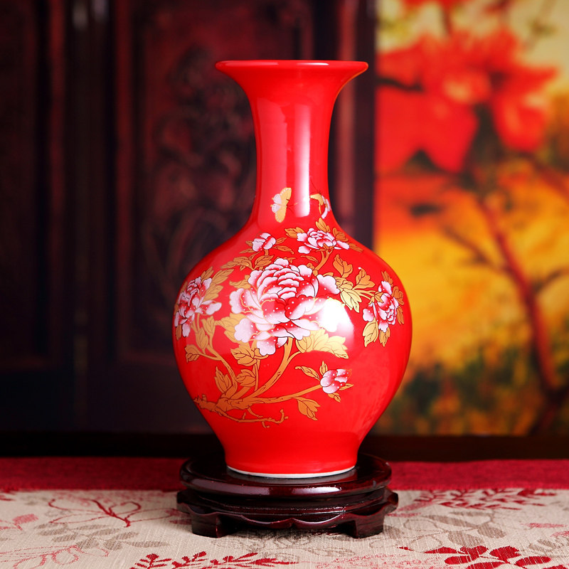 景德镇陶瓷器中国红结婚喜庆家居装饰品花瓶 风水摆件 中国红花瓶