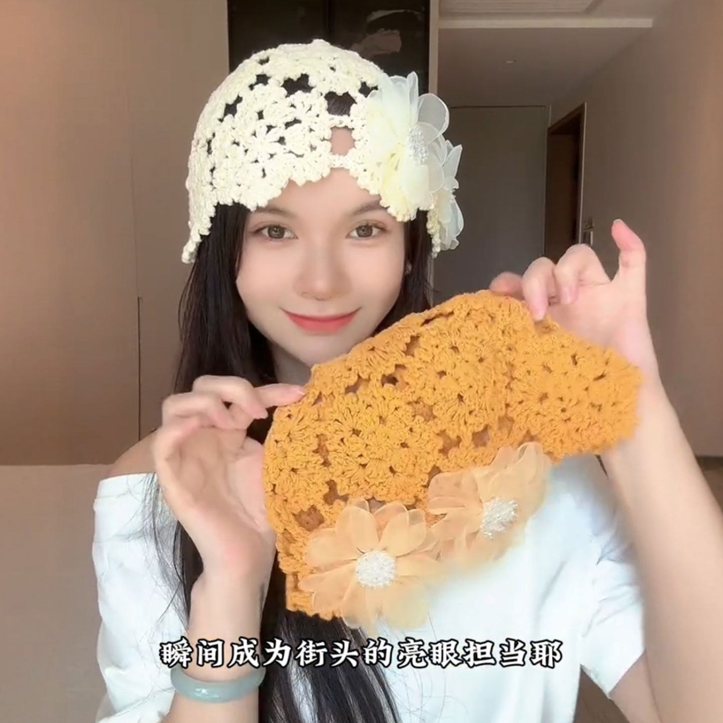手工钩花花朵帽子女春夏款包头帽图片