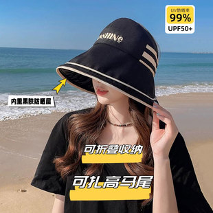 可扎马尾空顶渔夫帽子女夏季 遮脸防紫外线黑胶遮阳帽可折叠防晒帽