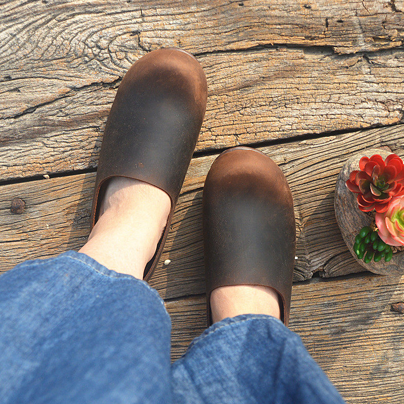 21do牛皮單鞋懶人鞋  圓頭文藝做舊複古瘋馬皮壹腳蹬平底2穿DF01在類目 女鞋, 低幫鞋中 - 來自Buy2taobao.com提供專業的淘寶代購服務