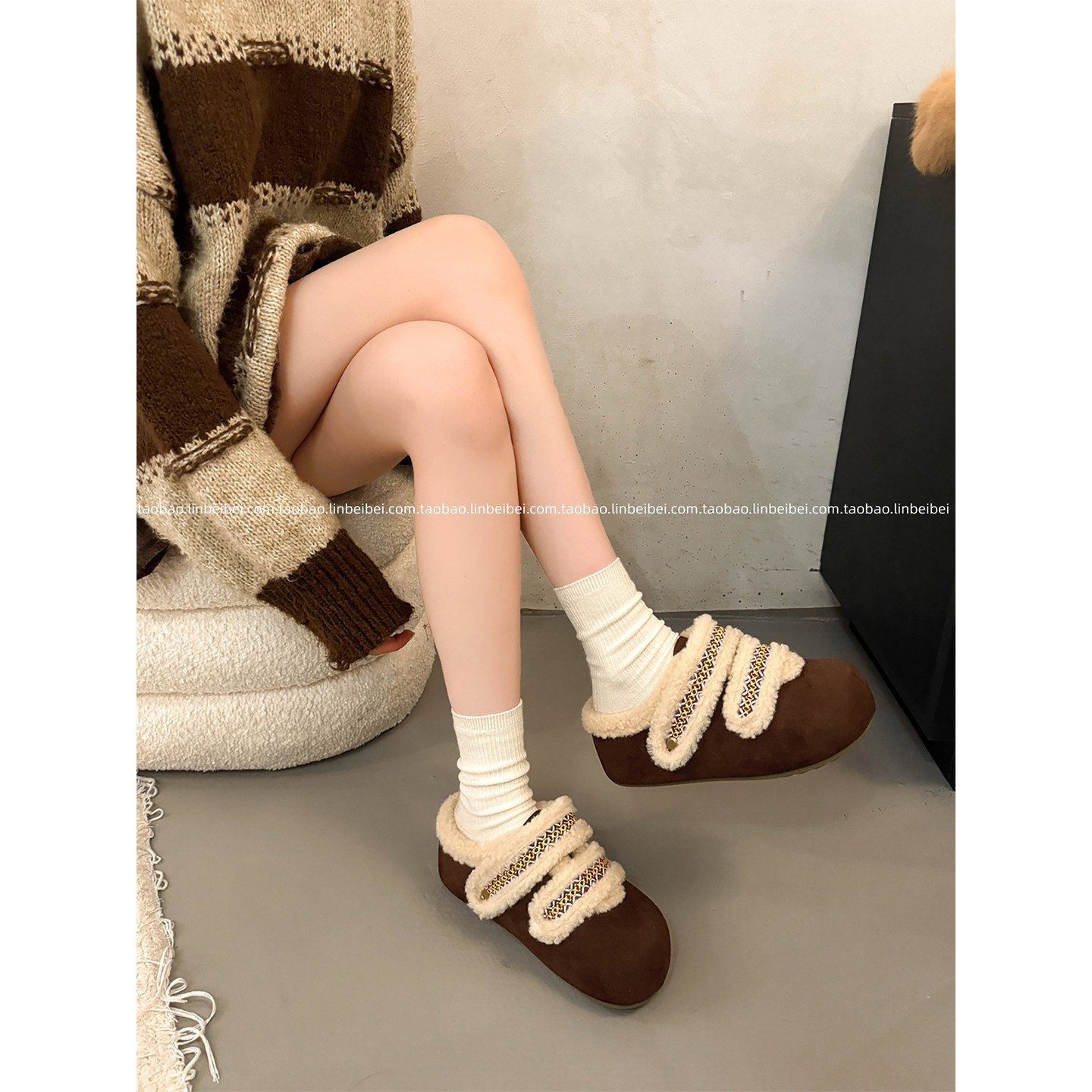 林北北加绒厚底半拖鞋女