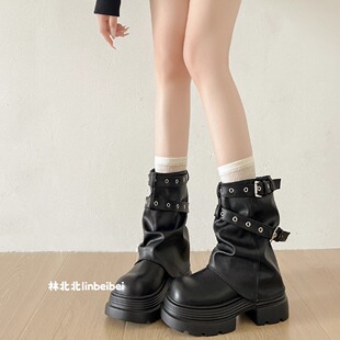 林北北黑色厚底马丁靴女款秋季小个子英伦风粗跟显瘦复古裤管靴