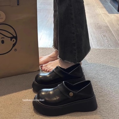 黑色厚底小皮鞋女新款春夏配裙子女鞋圆头增高英伦风法式乐福单鞋