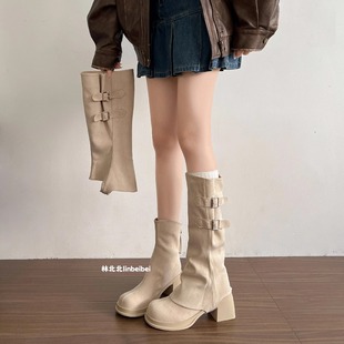 林北北可拆卸筒靴粗跟马丁靴女春秋季 米色复古增高显瘦骑士靴子