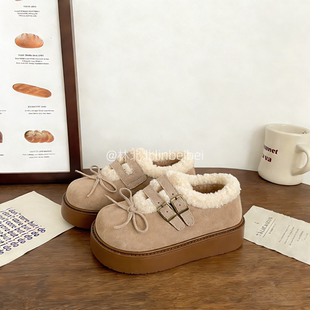 林北北复古加绒加厚保暖厚底雪地棉鞋女冬外穿增高毛毛勃肯鞋子