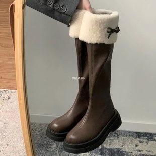 林北北棕色复古粗腿长筒靴女不过膝蝴蝶结厚底秋冬季高筒骑士靴