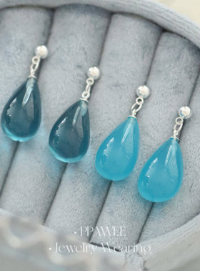 梦湖之泪|度假风精致蓝色耳饰女高级感复古耳环夏天透明水滴耳钉