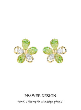 夏日小清新气质水晶花朵耳环高级感森系绿色耳饰小众耳夹无耳洞女