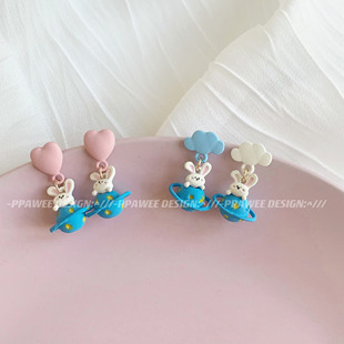 原创设计奶兔星球耳环女可爱甜美新款耳钉气质耳饰无耳洞爱心耳夹