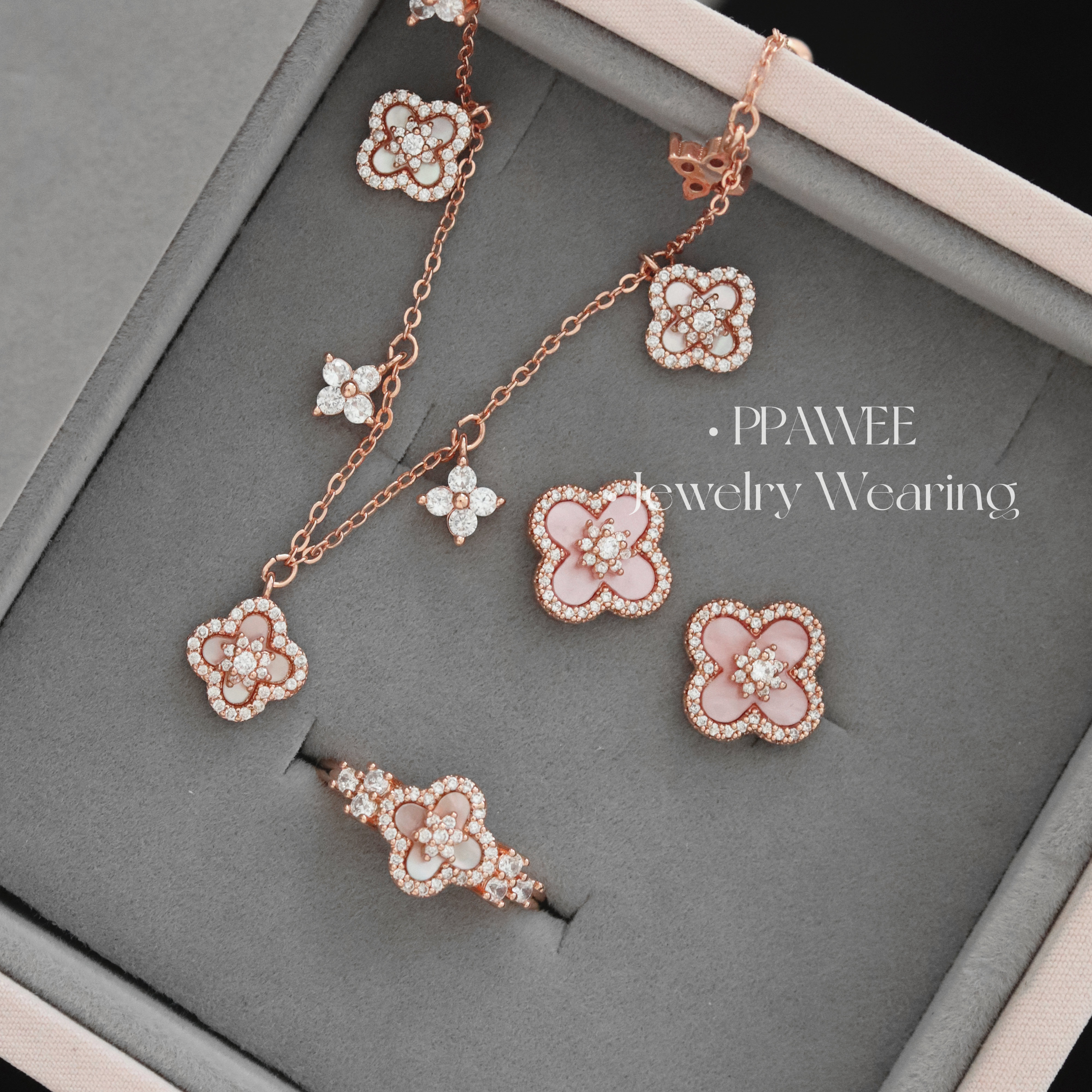 粉贝千金|四叶花玫瑰金贝母系列耳饰品粉色花朵耳环爆闪锆石耳钉