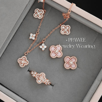 粉贝千金|四叶花玫瑰金贝母系列耳饰品粉色花朵耳环爆闪锆石耳钉