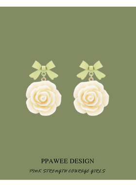 夏日清新玫瑰花朵耳环奶绿色蝴蝶结耳饰温柔耳钉女纯银小清新耳夹