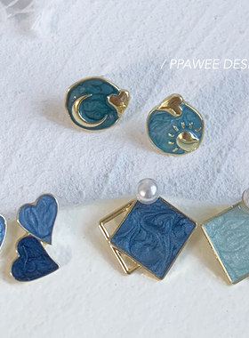 复古油画蓝方块美术生耳钉新款不对称纯银几何爱心耳环蚊香盘耳夹