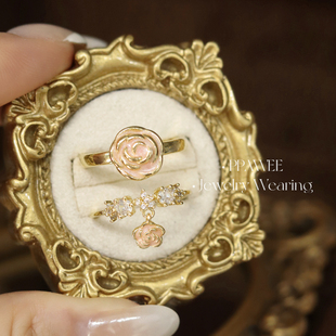 荆棘玫瑰|茱萸粉色玫瑰食指戒指中古法式独特花朵指环开口可调节